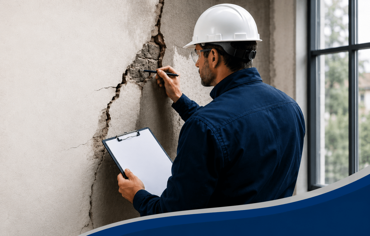 Engineer inspecting a cracked wall for structural damage