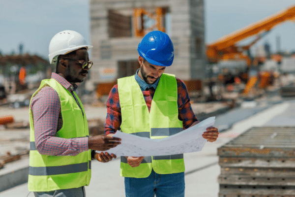 Two construction workers wearing safety vests and helmets examine blueprints on a construction site. Background features a crane and building structure.