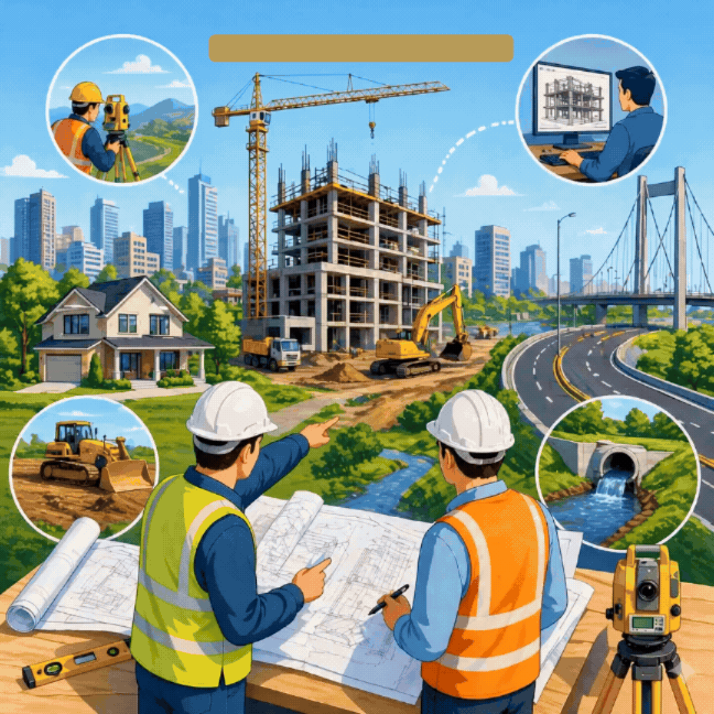 Construction planning with engineers, crane, building, and infrastructure icons