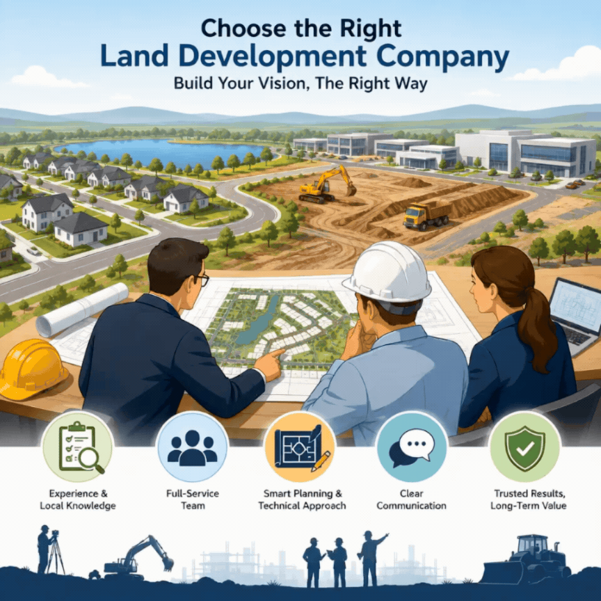 Land development company infographic highlighting experience, planning, communication, and full-service development for residential and commercial projects.