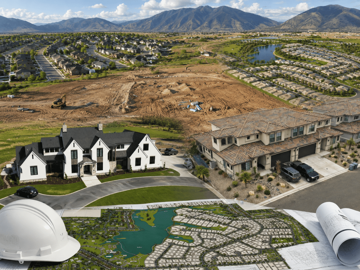 Aerial view of a residential land development project showing construction site preparation, neighborhood planning, and new home communities.