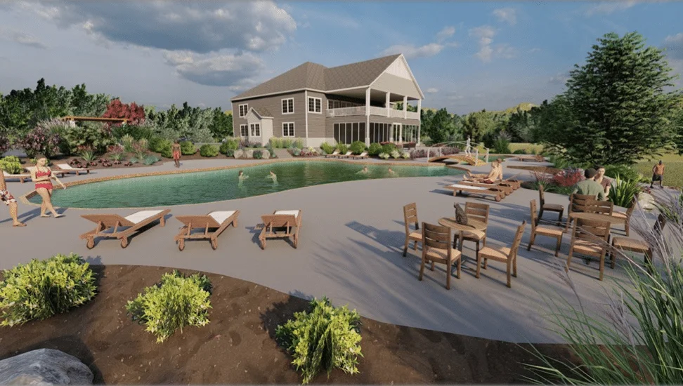 3D rendering of a spacious backyard with a pool, loungers, people, and a large house.